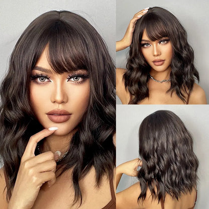 Women Grey Wavy Bob Wigs with Bangs Short Blonde Ombre Synthetic Wig With with Dark Roots Natural Hair for Daily Use
