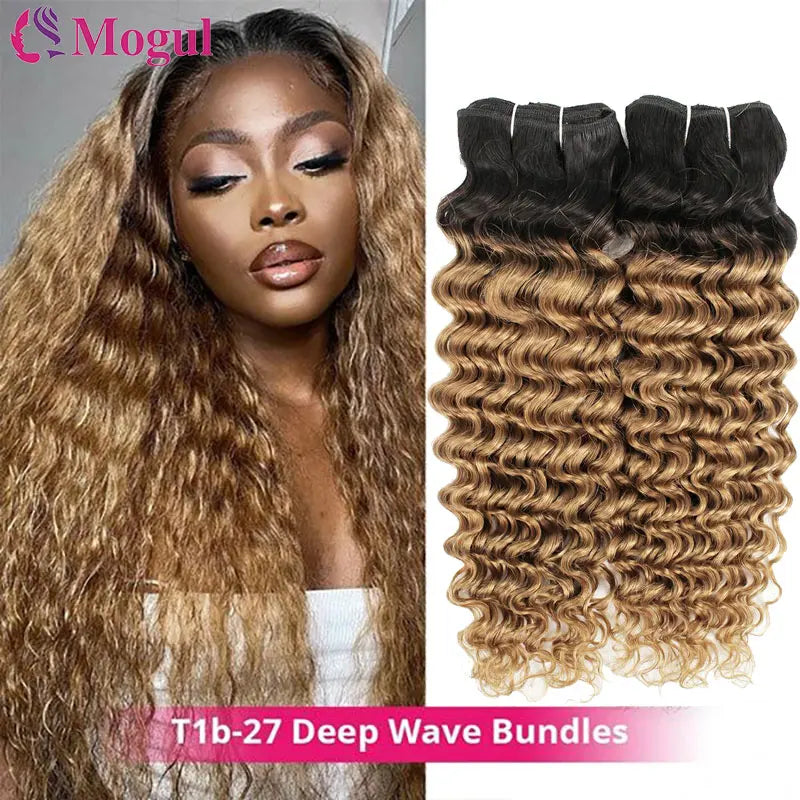 #1B27 Honey Blonde Bundles Deep Wave Hair Bundles Brazilian Hair Weave Human Hair Bundles Deep Wave Hair Bundles 3/4 Bundles