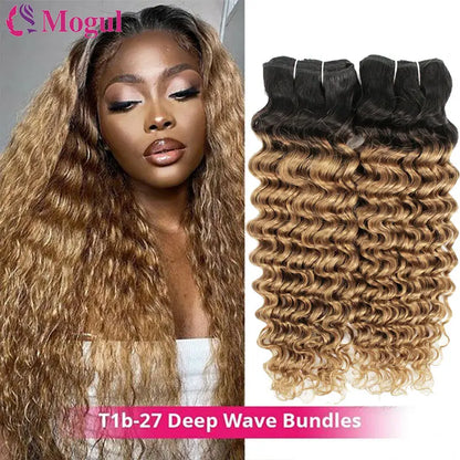 #1B27 Honey Blonde Bundles Deep Wave Hair Bundles Brazilian Hair Weave Human Hair Bundles Deep Wave Hair Bundles 3/4 Bundles
