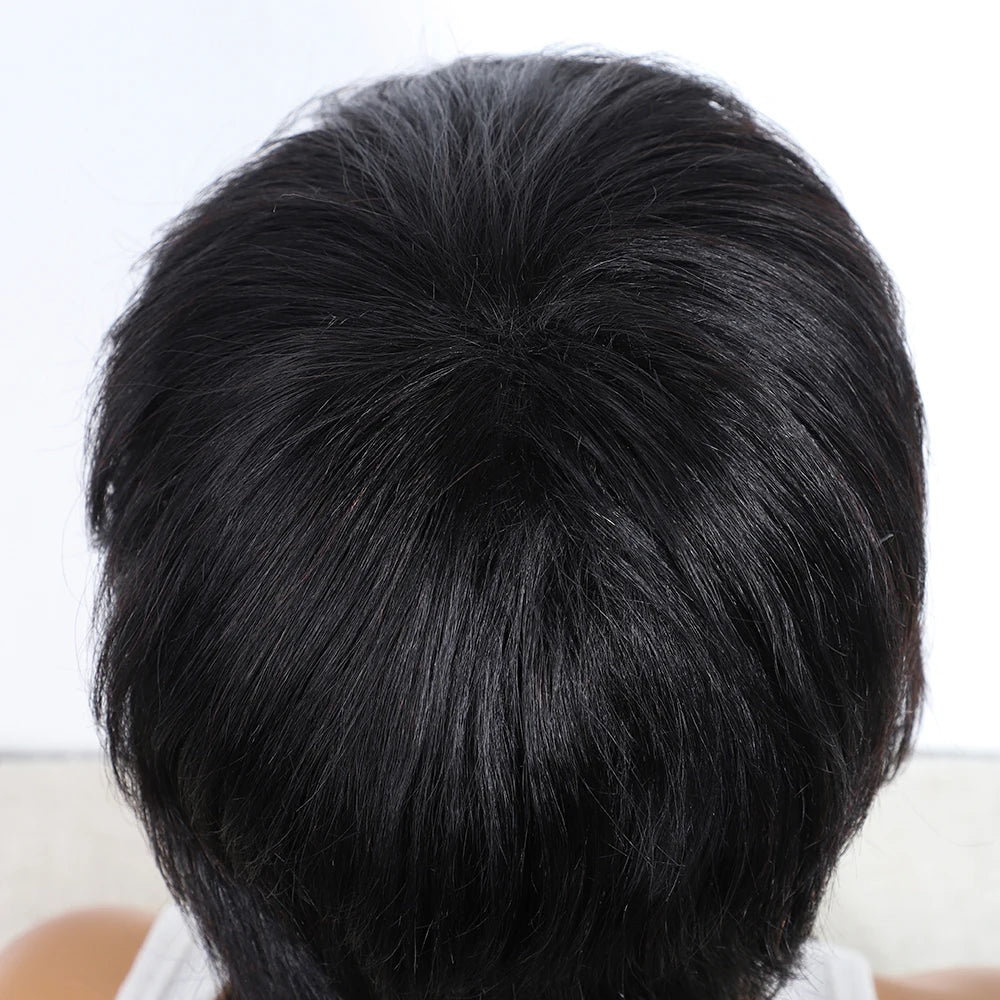 Human Hair Mullet Wig With Bangs  Dovetail Natural Black Pixie Cut Full Machine Made Wigs