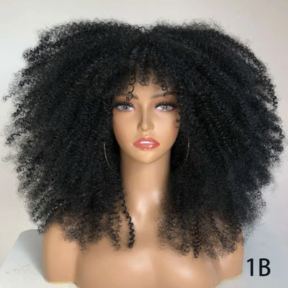 Afro Curly Wigs With Bangs For Black Women Burgundy Wig Synthetic Wine Red Hair Ombre Brown Blonde Cosplay Wig