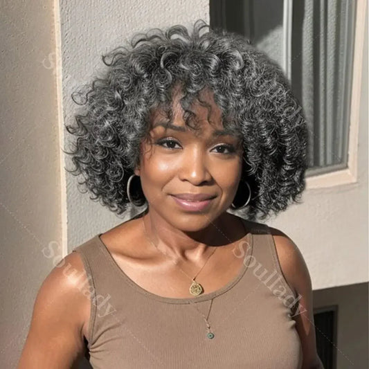 Dark Gray Curly Bob Wig With Bangs Glueless Wear & Go Salt And Pepper Wigs Short Kinky Curl  Human Hair Wigs For Elegant Mom