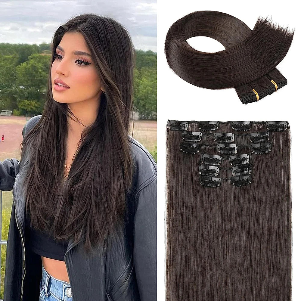 Synthetic Black Hair Extensions 24"/60cm 140g 6pcs/set Women Long Straight Full Head Clip 16 Clips  Ombre  Heat Resistant Fiber