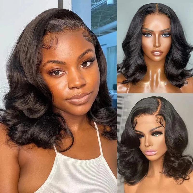 Lace Front Wigs Body Wave 100% Human Hair Wig for Women Black Short Wavy Style Transparent Lace Closure Wigs Bobbi