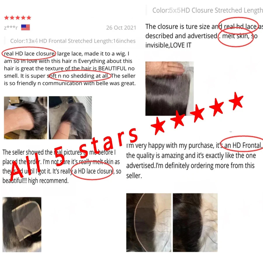 Invisible 5x5 HD Lace Closure Melt Skin Pre Plucked HD Transparent Lace Straight 6x6 7x7 HD Lace Closures Only 100% Human Hair