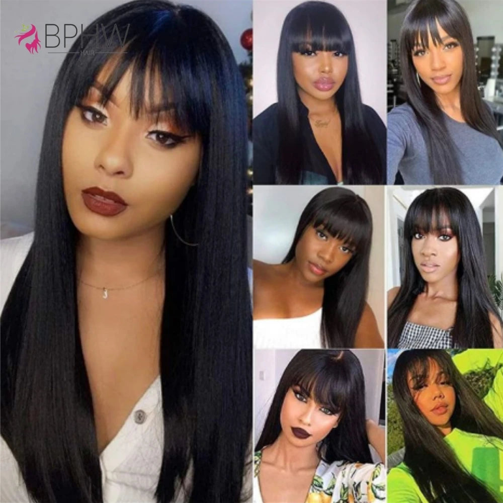 Straight Wig Brazilian Wigs 100% Virgin Hair Human Hair Wigs With Bangs Full Machine Made 180% Density Wigs Human Hair BPHW Hair