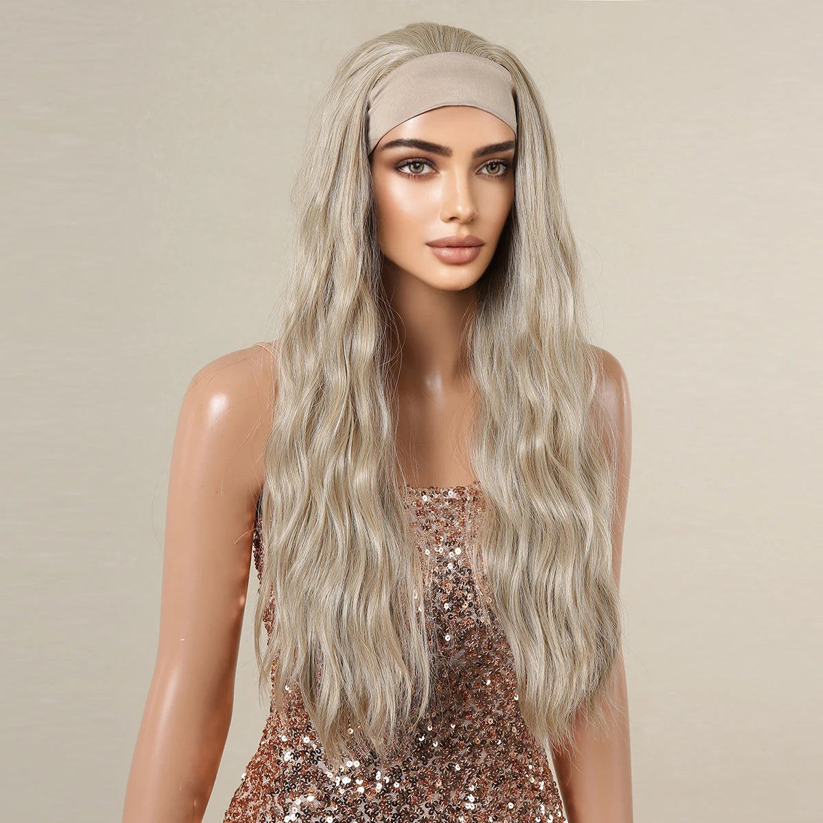 Long Curly Headband Synthetic Wigs Natural Ash Blonde Long Women's Headband Wig Body Wave Bohemian Hair Wig For Women Daily Use