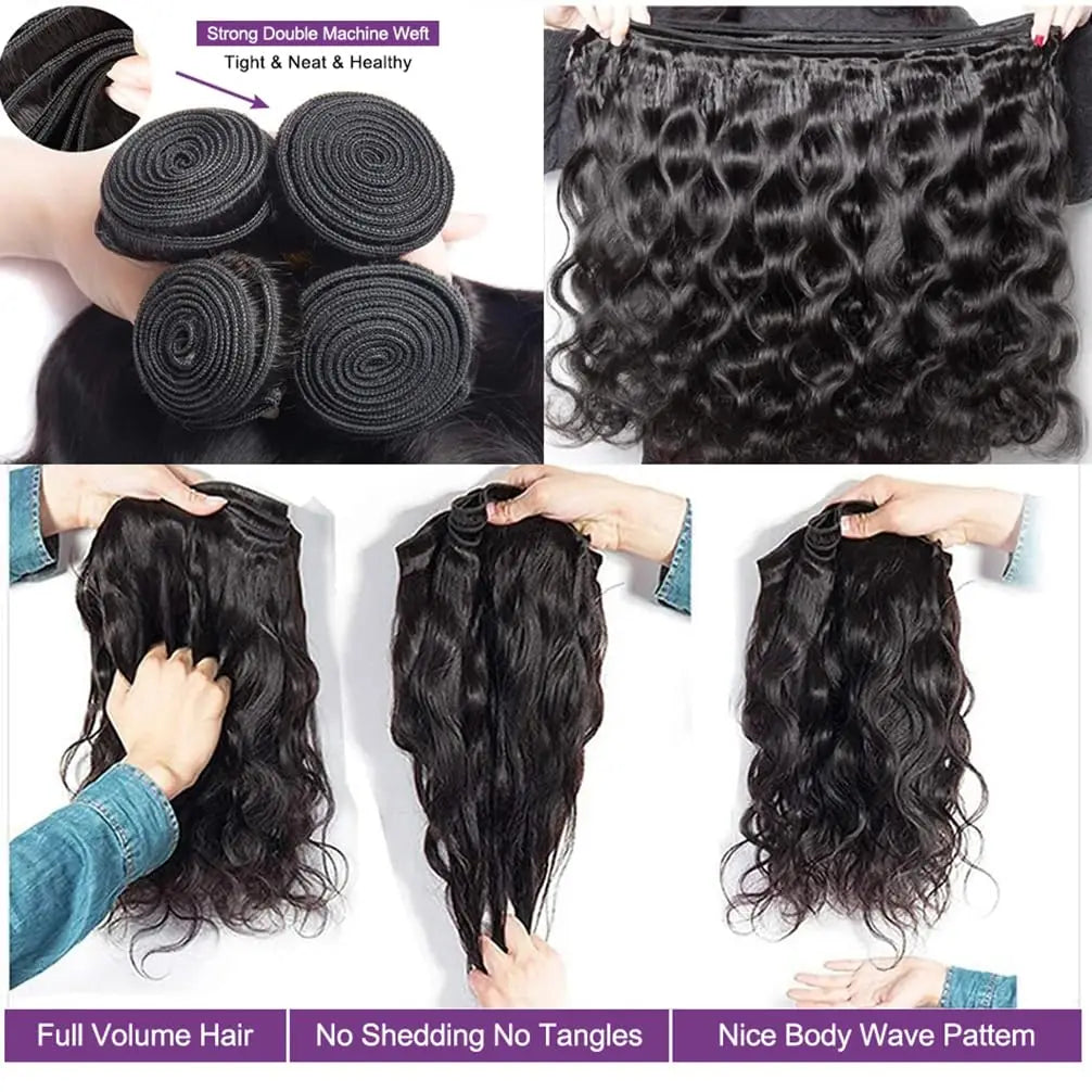 Human Hair Bundles with Closure Body Wave Brazilian Virgin Human Hair Weave 3 Bundles with 4x4 Lace Closure Natural Black Color