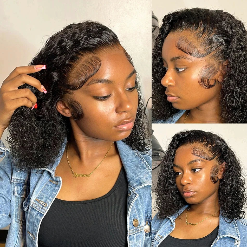 Brazilian Loose Deep Wave 13x4 Lace Frontal Wigs 200% Density Transparent Lace 4x4 Curly Short Bob Wig 100% Human Hair 14 Inch