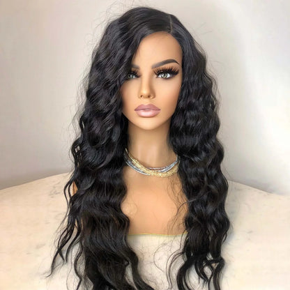 Long Curly Hair Wig for Women Natural Black Wavy Synthetic Wig Middle Part Pre Plucked Hairline 13X4 Lace Front Brunette Wigs