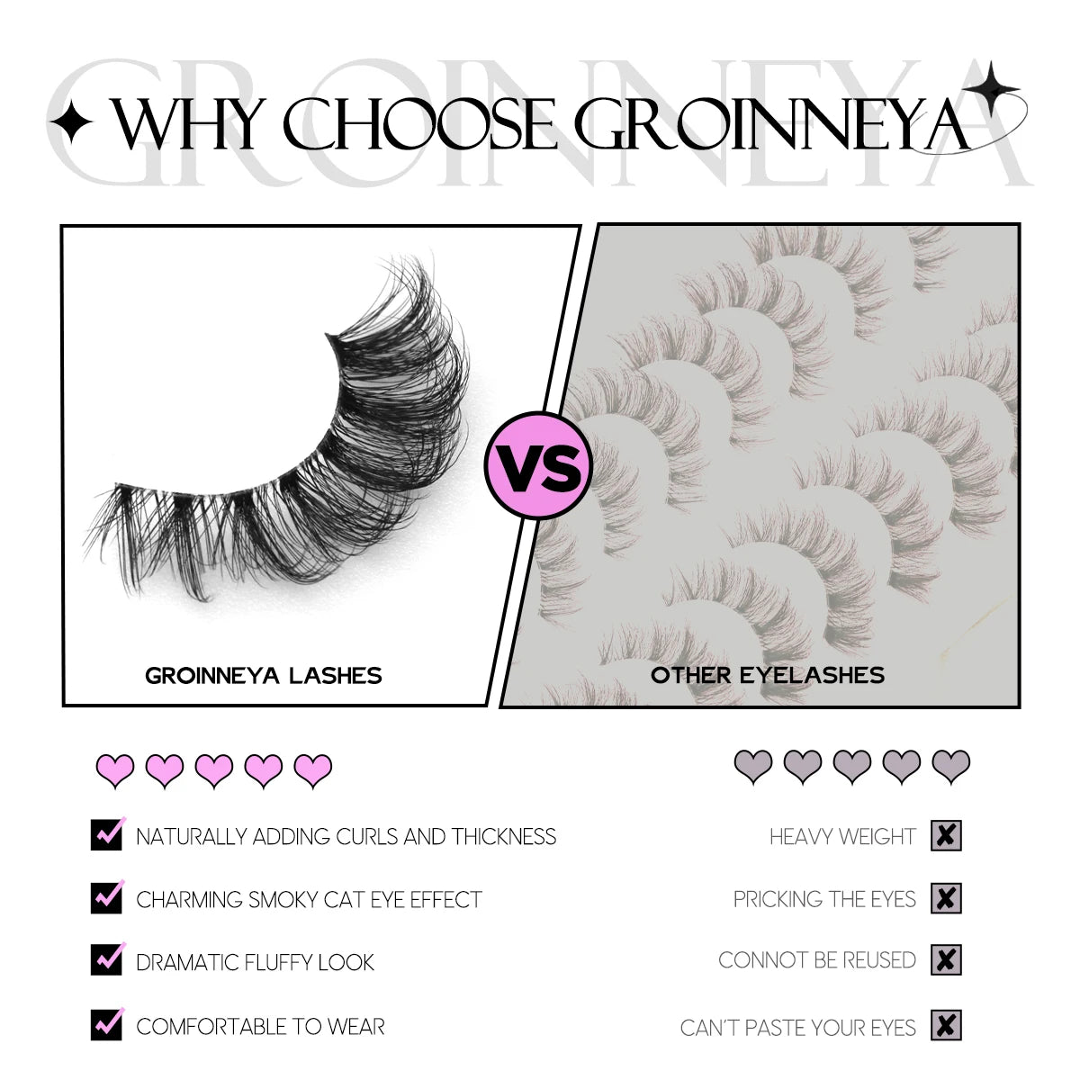 GROINNEYA Cat Eye Effect Natural 5/10 Pairs Elongated eye tail Lashes Look Soft Wispy Mink Eyelashes Full Strip Lashes Extension