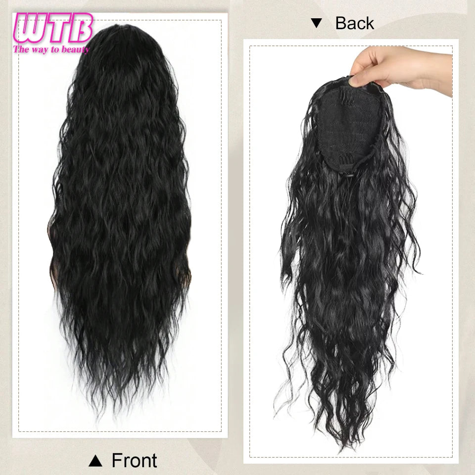 Synthetic Ponytail Extension 26 Inch Extra Long Drawstring Wavy Curly Ponytails Black Brown Fake Hair piece for Women