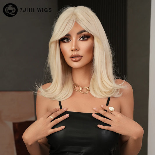 Long Straight Blonde Wig for Women Daily Use High Density Synthetic Layered Hair Wigs with Side Part Bangs Beginner Friendly