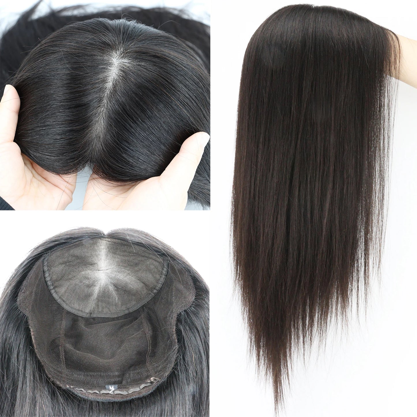 Full Lace Silk Base Wig with PU Front 18" Remy Human Hair Wig for Women Natural Black Silk Top Glueless Wig Natural Scalp