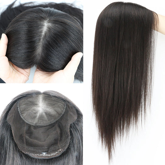 Full Lace Silk Base Wig with PU Front 18" Remy Human Hair Wig for Women Natural Black Silk Top Glueless Wig Natural Scalp