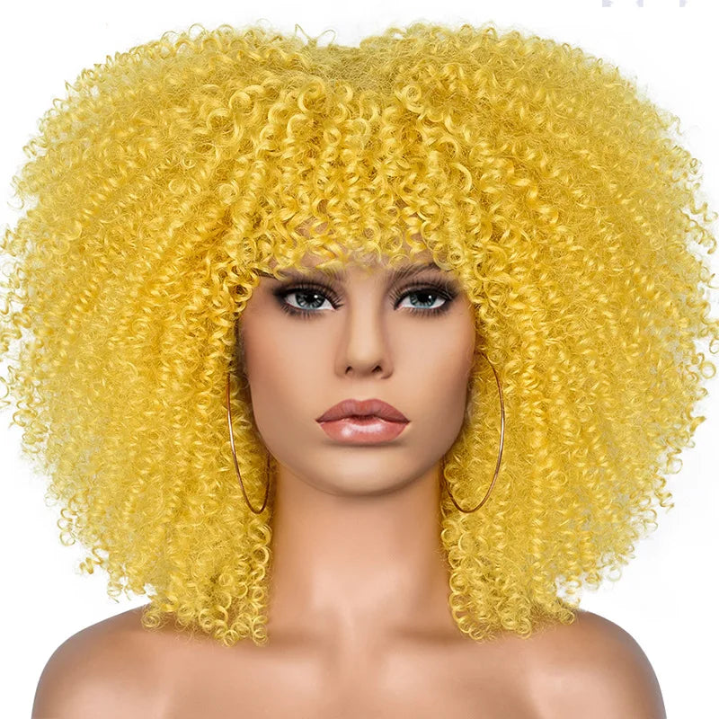 Short Afro Kinky Curly Wig With Bangs For Black Women Synthetic Ombre Glueless Colorful Wig Cosplay Party Halloween Wigs
