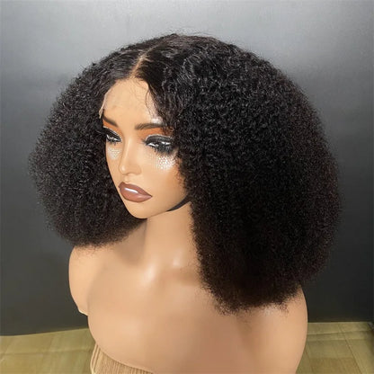 Afro Kinky Curly 250% Density 4x4 Lace Front Short Curly Wigs 100% Human Hair Pre-Plucked Brazilian Virgin Hair Natural Color