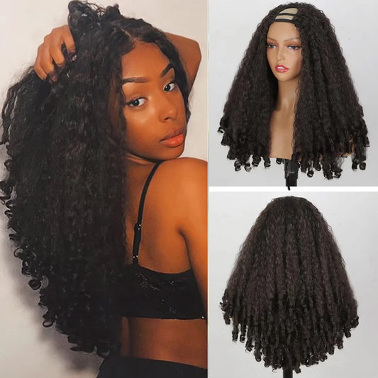 Afro Curly U Part Wig Synthetic Braided Hair Texture with Unique Bouncy Curls in the End 24 "Soft Kinky Straight Full Hair Wigs