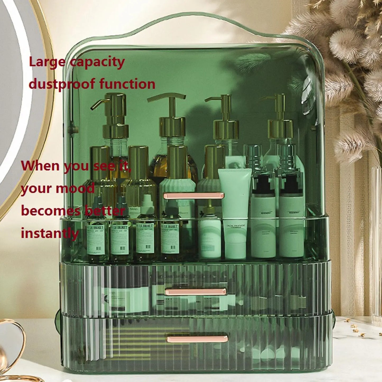 Cosmetics Storage Box With Lid and Handle Large Makeup Organizer Box Drawers for Skincare Display Cases Countertop, Bathroom