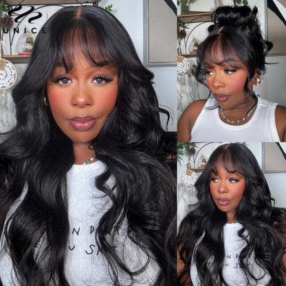UNICE Hair Fluffy Loose Wave Wig With Curtain Bangs 7x5 Pre Cut Pre Bleached Glueless Wigs Human Hair Ready To Wear 180% Density