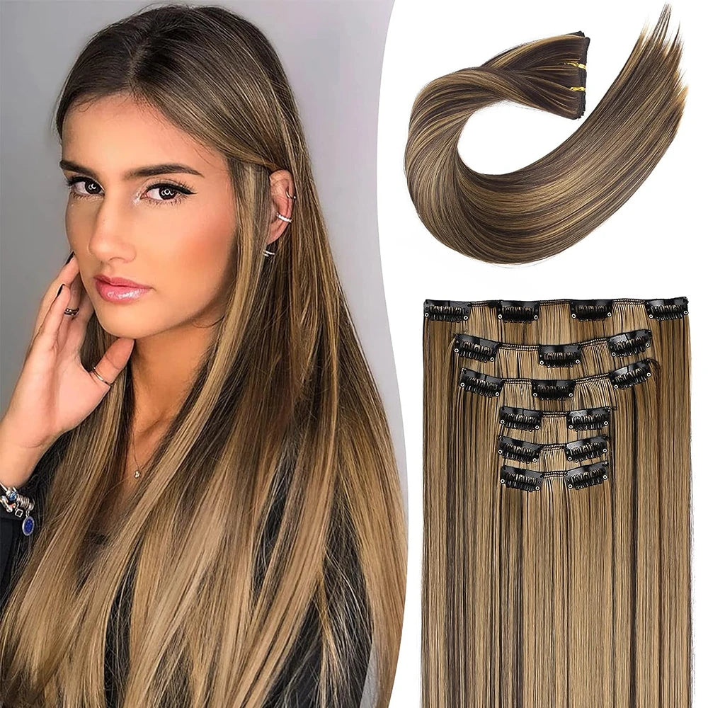 Synthetic Black Hair Extensions 24"/60cm 140g 6pcs/set Women Long Straight Full Head Clip 16 Clips  Ombre  Heat Resistant Fiber