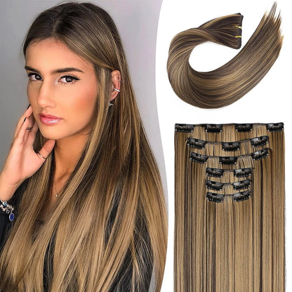 Synthetic Black Hair Extensions 24"/60cm 140g 6pcs/set Women Long Straight Full Head Clip 16 Clips  Ombre  Heat Resistant Fiber