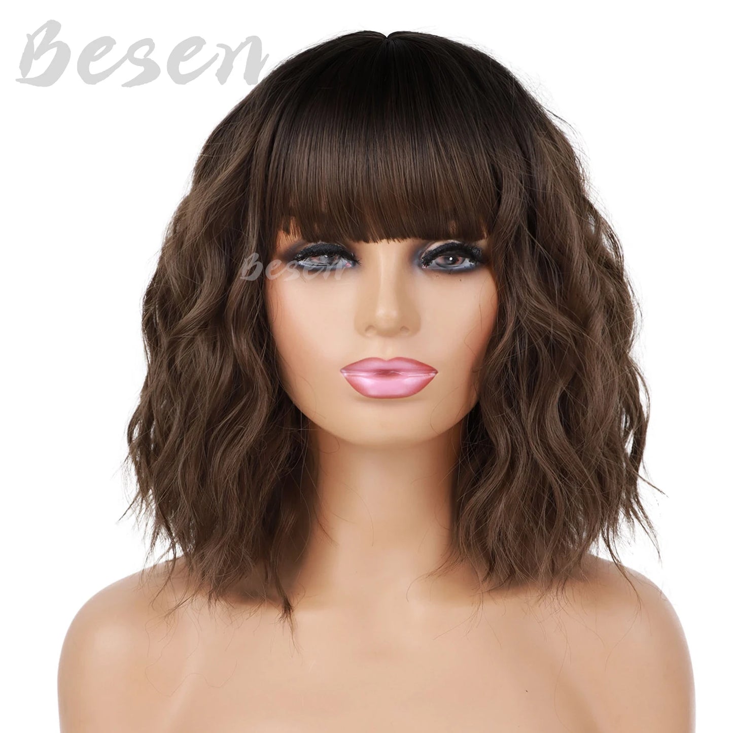 Synthetic Short Curly Bob Wig With Bangs for Women Wavy Shoulder Length Wig Short Water Wave Wig Daily Wear