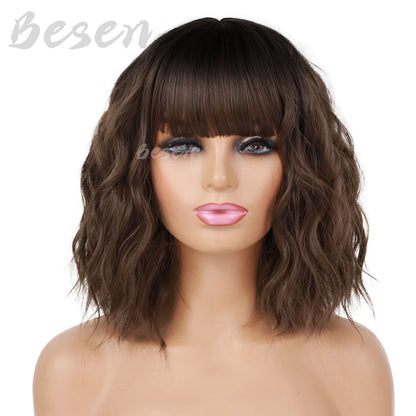 Synthetic Short Curly Bob Wig With Bangs for Women Wavy Shoulder Length Wig Short Water Wave Wig Daily Wear