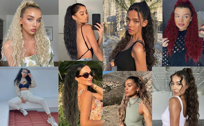32inch Curly Wavy Ponytail Hair Extension For Women Drawstring Ponytail Hairpieces Synthetic Fake Horse Tail Black