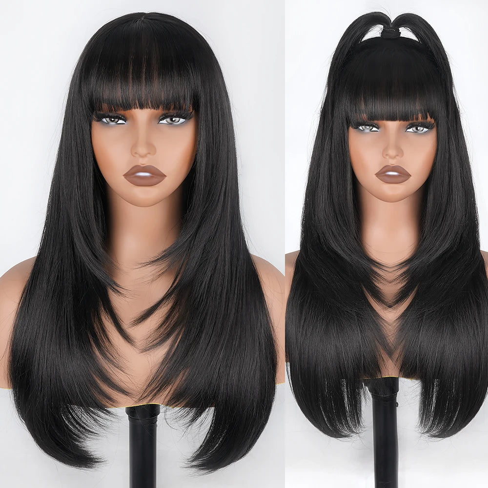 Straight Layered Cut Wigs For Black Women 3X1 HD Lace Synthetic Layered Wigs with Bangs Natural Black Straight Glueless Wigs