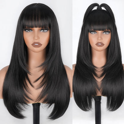 Straight Layered Cut Wigs For Black Women 3X1 HD Lace Synthetic Layered Wigs with Bangs Natural Black Straight Glueless Wigs