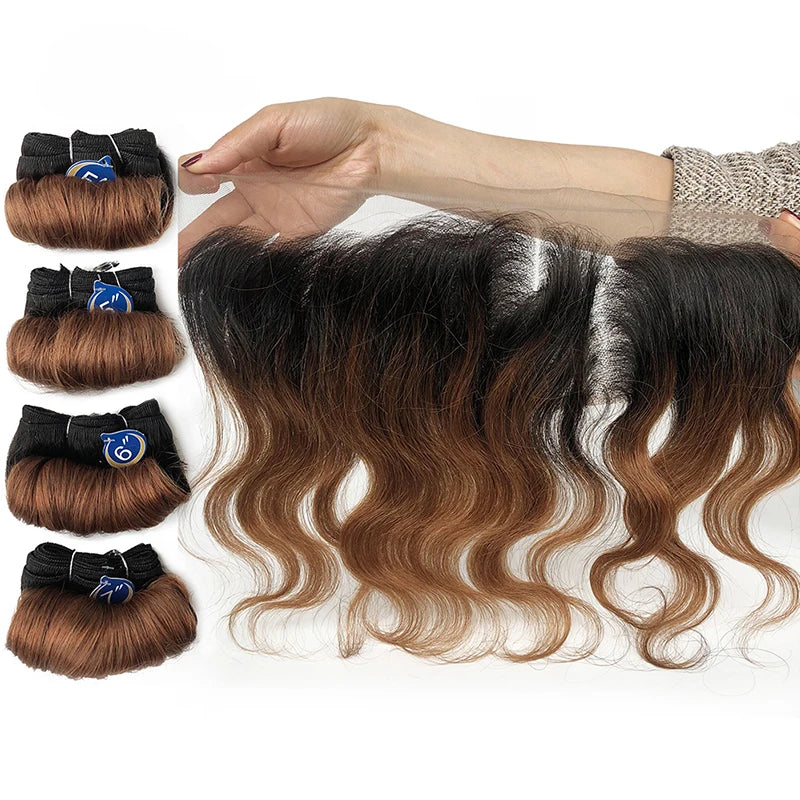 Human Hair Bundles with Body Wave Frontal Ombre Brazilian Curly Weaving Bundles with Closure Frontal 13x4 HD Transparent Lace