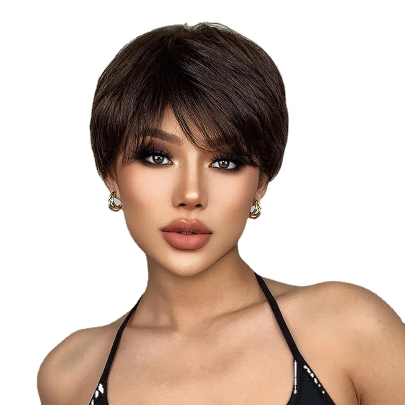 Fashion Short Straight with Bang Dark Brown Pixie Cut Wig for Women Hair Synthetic Heat Resistance Natural Looking for Daily Use