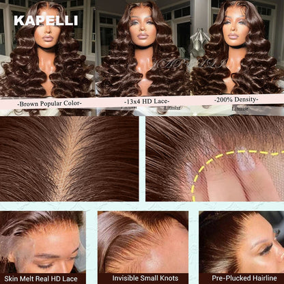 34 Inch Loose Deep Wave 13x4 HD Transparent Human Hair Wig 250 Density Brazilian Water Curly Nature Wave Lace Frontal Wigs Brown