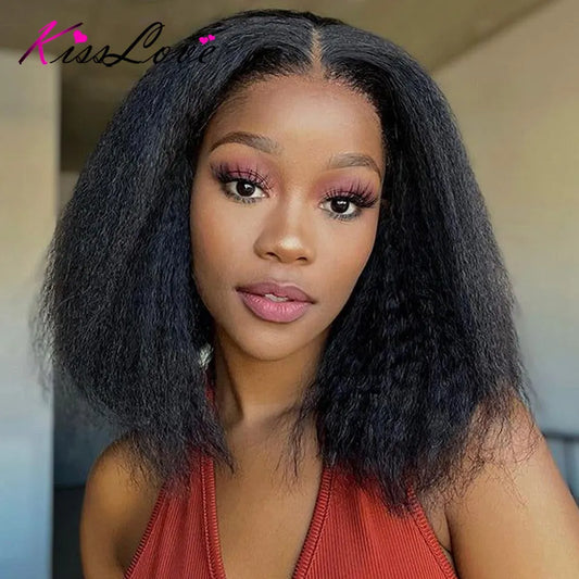 Kinky Straight Bob Glueless Wigs Human Hair Pull Go Wig with Elastic Drawstring HD Lace Frontal Wigs Human Hair Short Bob Wigs