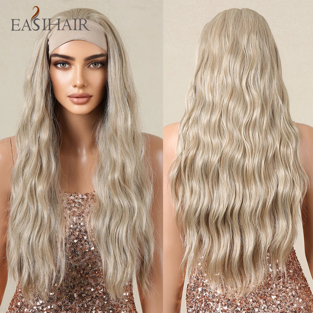 Long Headband Synthetic Wigs Natural Wavy Brown Highlight Headband Hair Wigs for Women Heat Resistant Cosplay Party Fake Hair