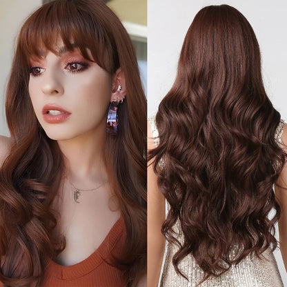 Long Wavy Synthetic Wigs for Women Red Brown Curly Fake Hair Wigs With Bangs Daily Use Party Heat Resistant Wavy Hair Wig