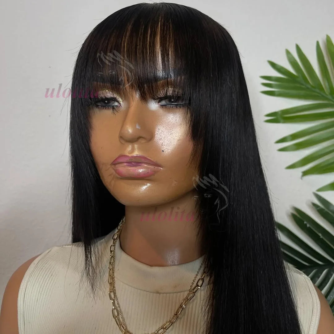 Straight Wig With Bangs Brazilian Wigs 100% Virgin Hair Human Hair Wigs Machine Made 210% Density Wig Human Hair Straight Wig