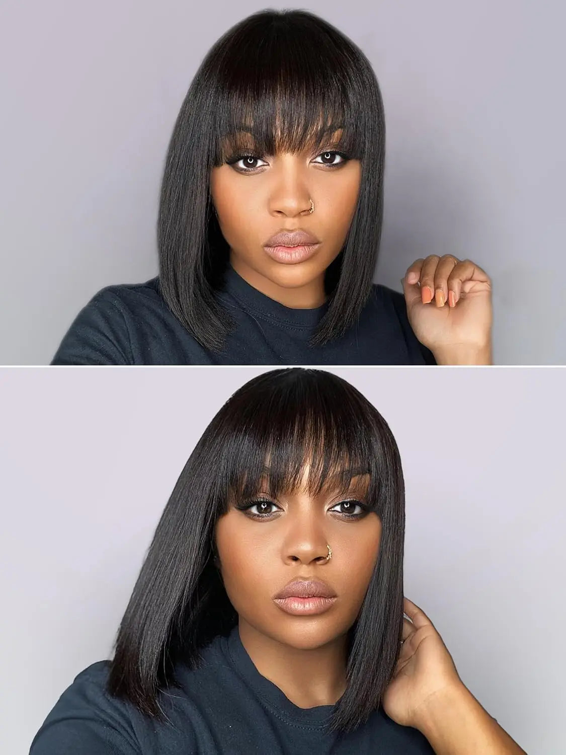 Yaki Straight Bob Wigs With Bangs Human Hair Wig 4X4 Lace Scalp Short  For Women 220 Density Breathable Cap Black Women