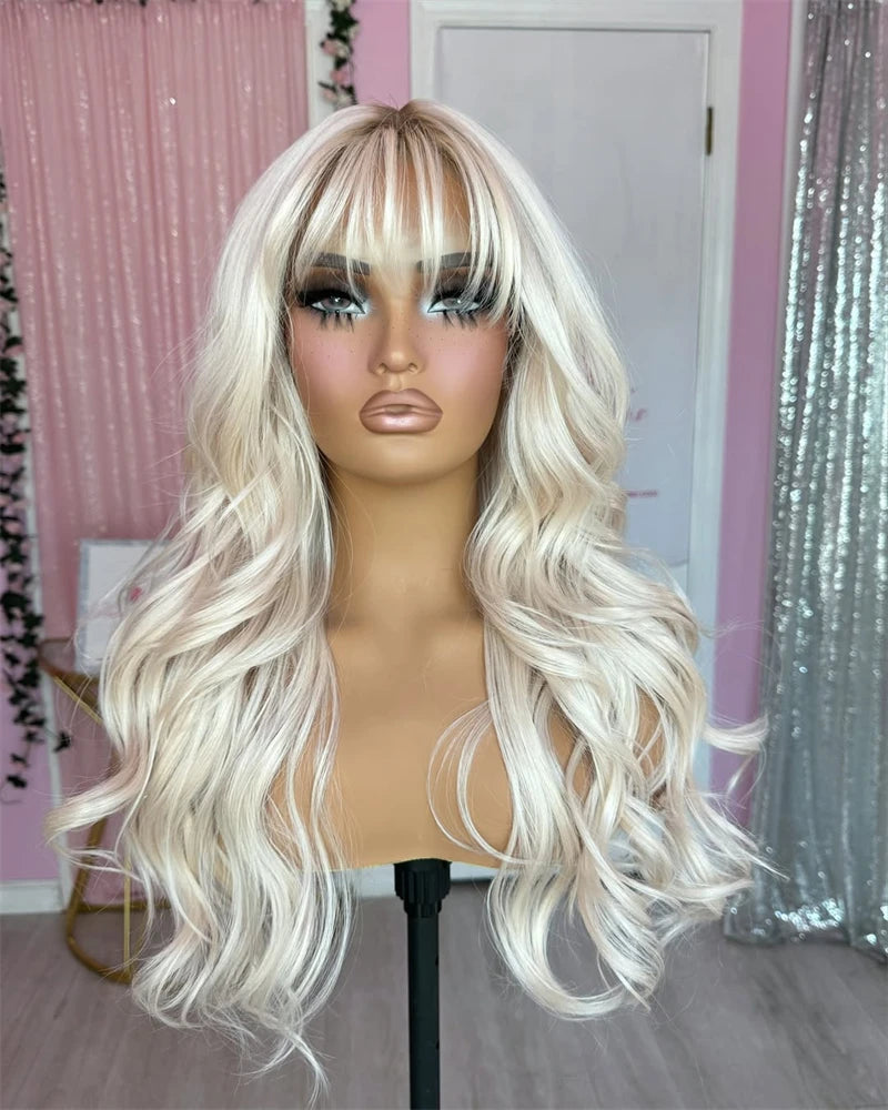 Natural Fringe Bouncy Wavy Synthetic Wig with Bangs White Blonde Icy Dark Roots High Quality Futura Fibre Lace Top Wig Women