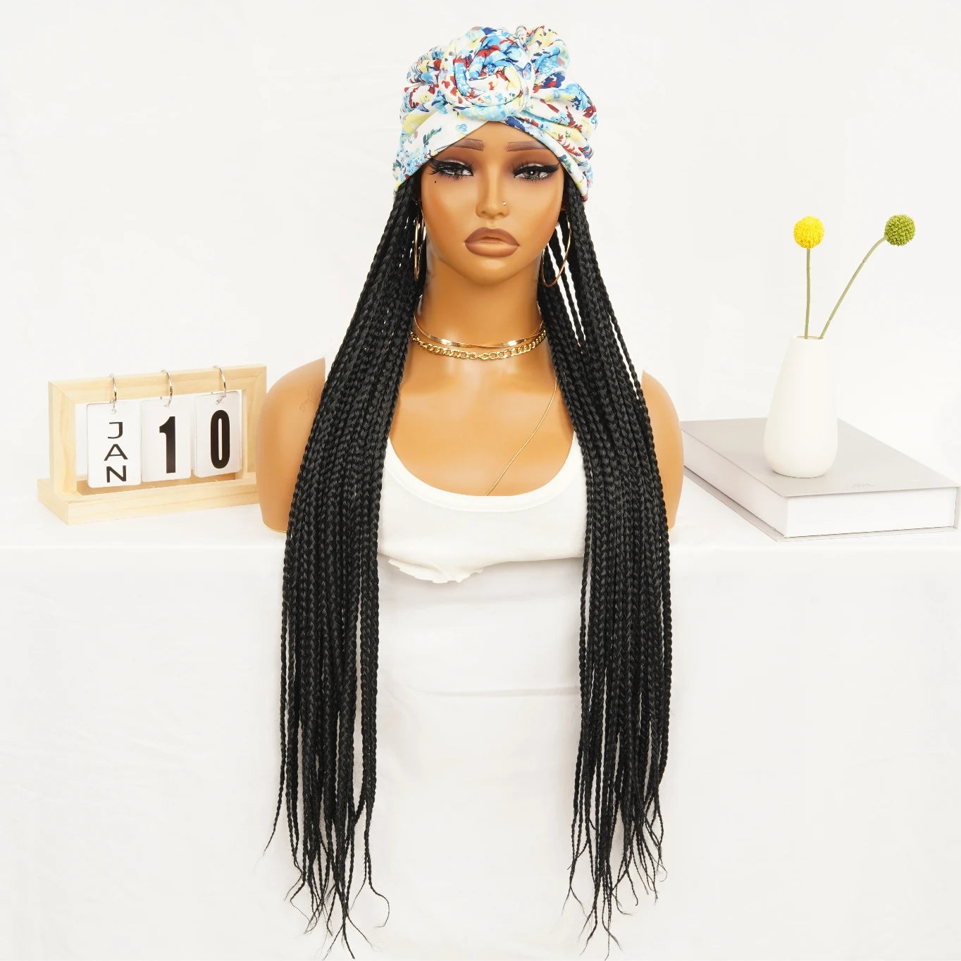 WIGERA Leopard Print Headband Long Braided Synthetic Wig With Turban Hat Box Braiding Hair Extensions Head Scarf  Easy Hairstyle