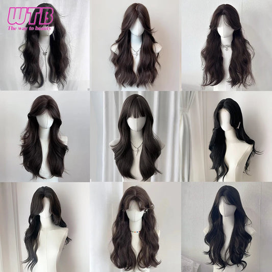 Syntietic WIGS Popular Black Long Deep Wave Hair Lolita Wigs With Bangs Synthetic Wig For Women Fashion Thick Curls Wigs Girl