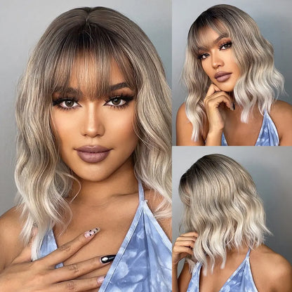 Women Grey Wavy Bob Wigs with Bangs Short Blonde Ombre Synthetic Wig With with Dark Roots Natural Hair for Daily Use