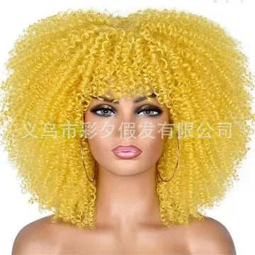 Short Afro Kinky Curly Wig With Bangs For Black Women Synthetic Ombre Glueless Colorful Wig Cosplay Party Halloween Wigs