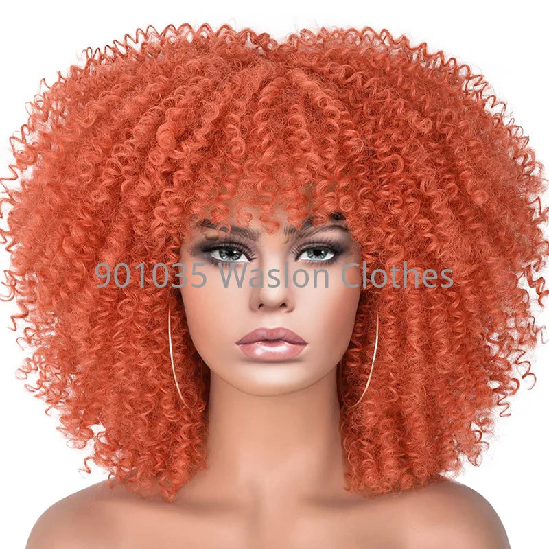 Short Afro Kinky Curly Wig With Bangs For Black Women Synthetic Ombre Glueless Colorful Wig Cosplay Party Halloween Wigs