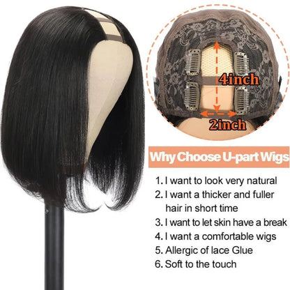 U-Part Straight Bob Wig 180% Brazilian Human Hair Natural Color ShortHigh Quality Length Full Coverage for Women