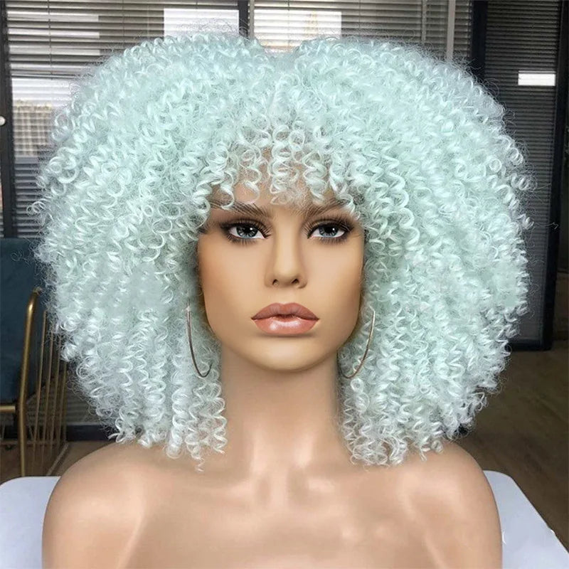 Short Afro Kinky Curly Wig With Bangs For Black Women Synthetic Ombre Glueless Colorful Wig Cosplay Party Halloween Wigs