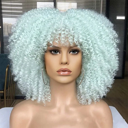 Short Afro Kinky Curly Wig With Bangs For Black Women Synthetic Ombre Glueless Colorful Wig Cosplay Party Halloween Wigs