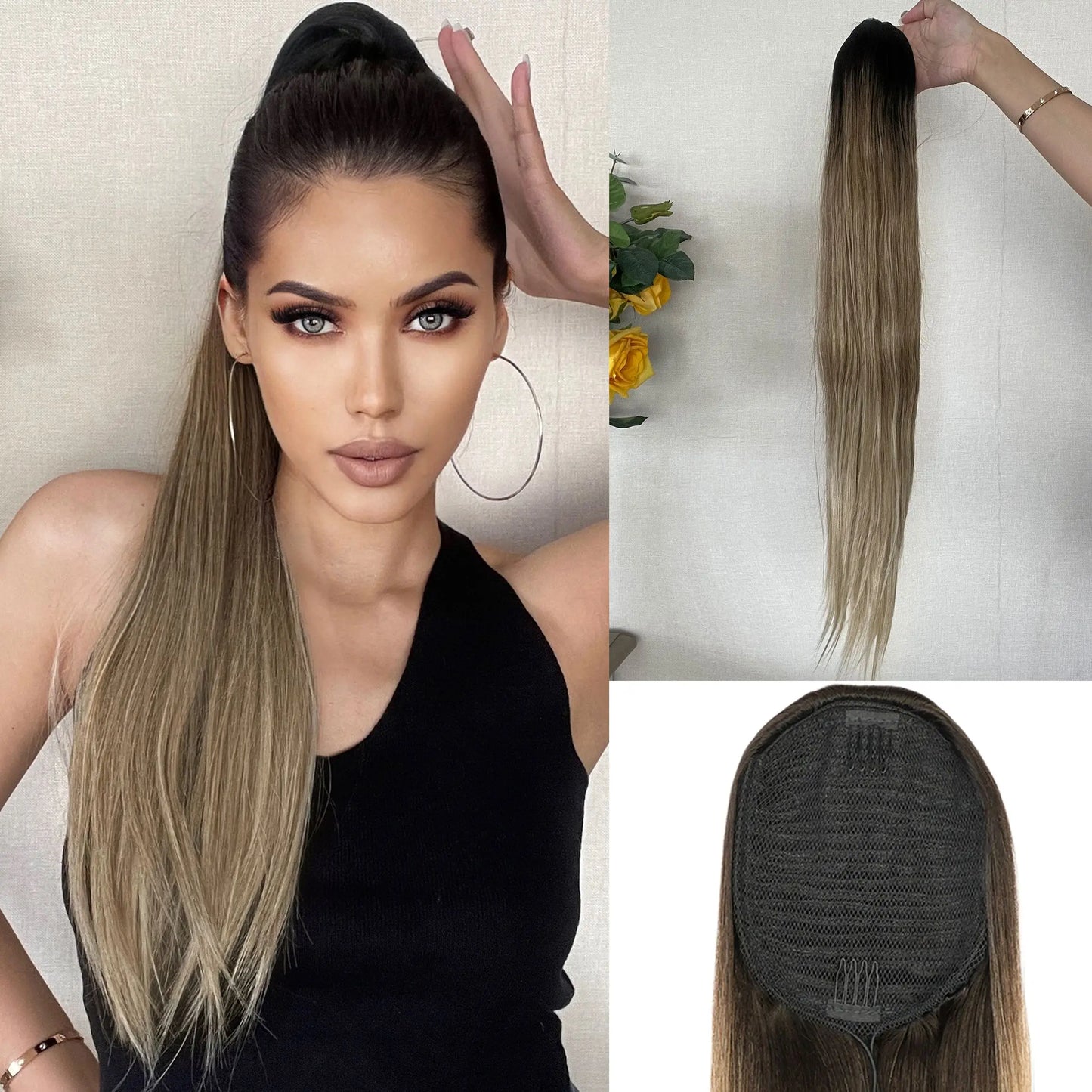 Ponytail Hair Extension Brown Ombre 24inch Long Straight Drawstring Ponytail Natural Pony Tail Synthetic Hairpiece for Women