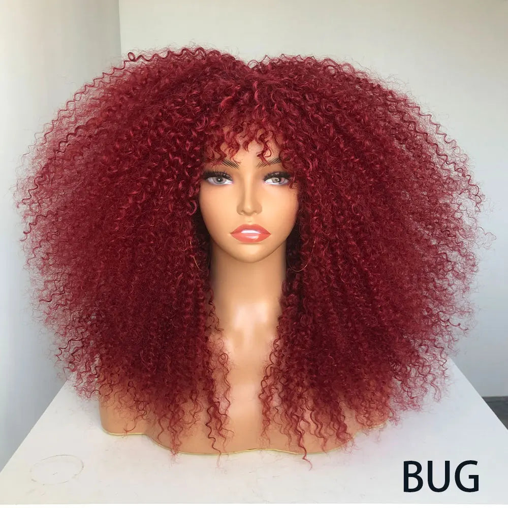 Afro Curly Wigs With Bangs For Black Women Burgundy Wig Synthetic Wine Red Hair Ombre Brown Blonde Cosplay Wig